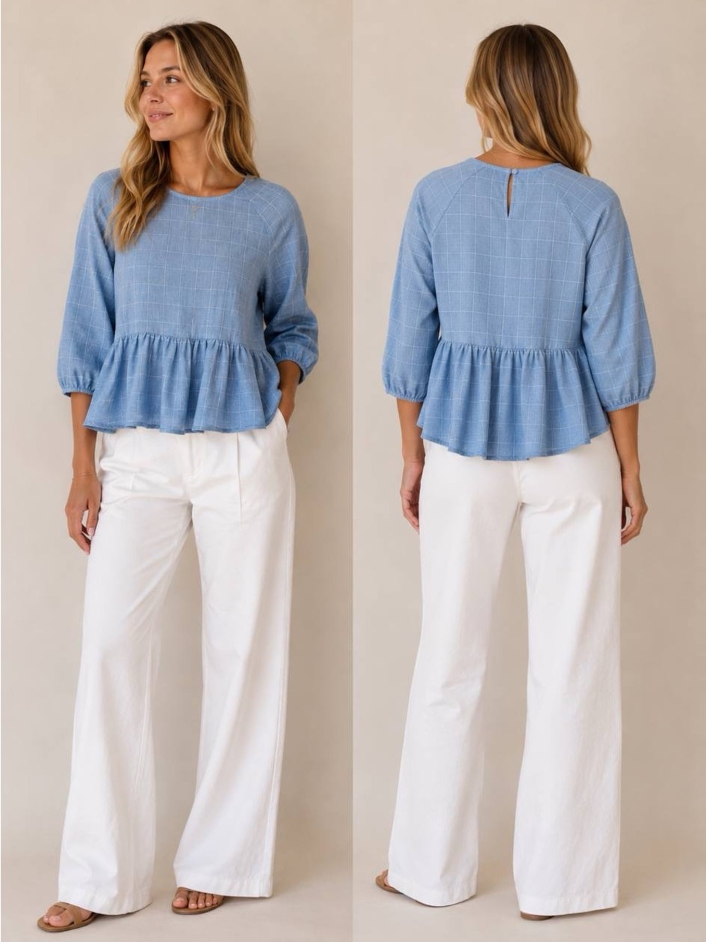 Blue Windowpane Peplum Blouse - Women's Top